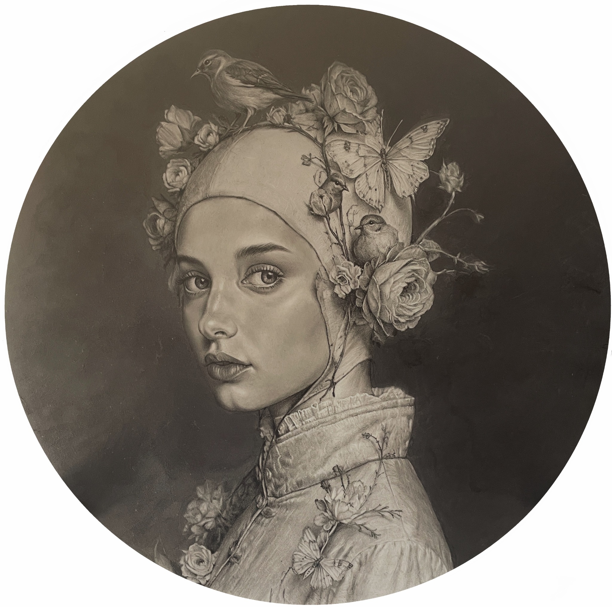Obra de Eduardo Torres: retrato con flores, aves y mariposas